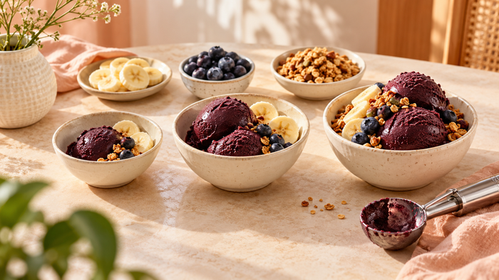 Three bowls of dark purple açaí sorbet with fruit and granola, shown as serving illustrations