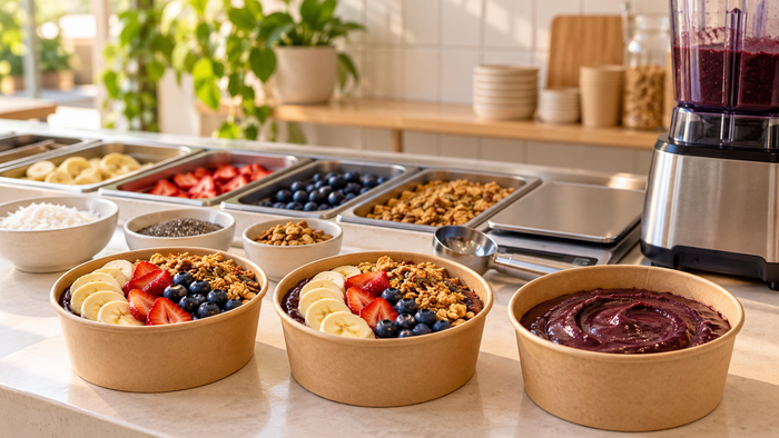 Illustrative café preparation counter with açaí bowls, toppings, a digital scale and a blender