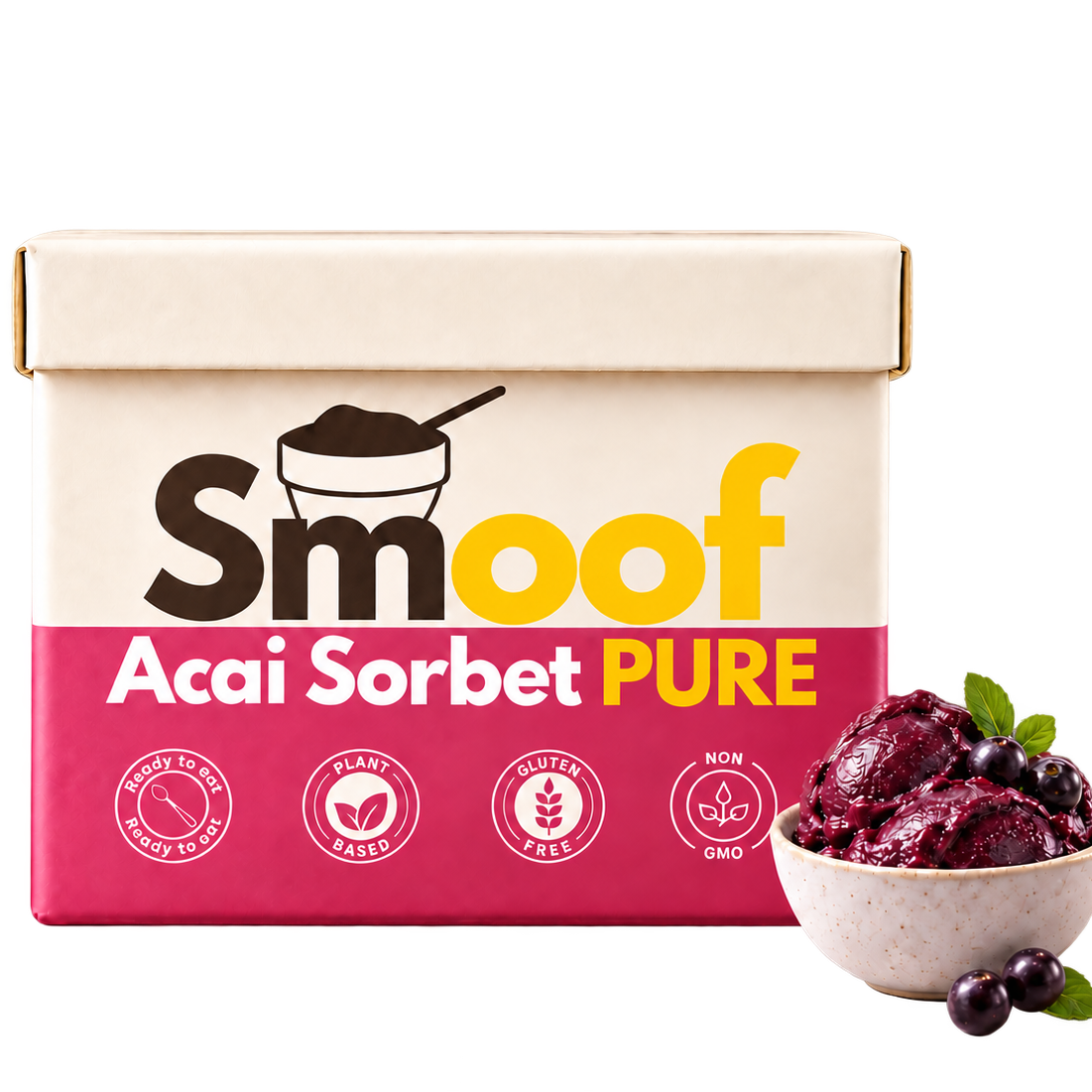 A box of Smoof Acai Sorbet PURE on a white background, with a bowl of dark purple acai sorbet and berries shown in the lower right corner.