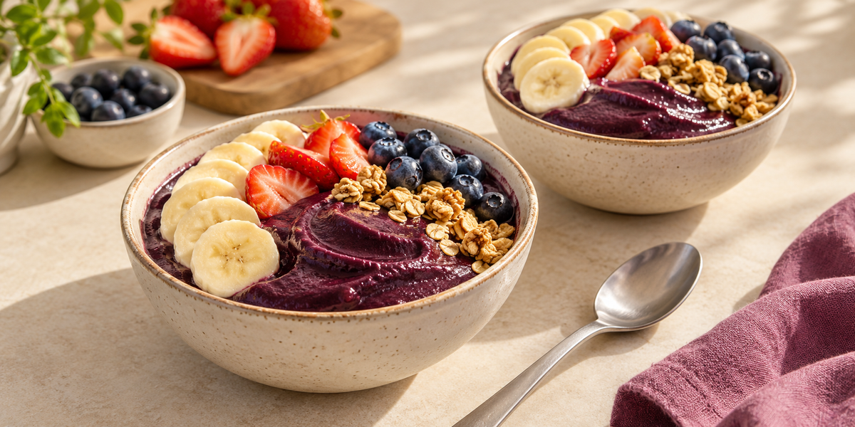 Two açaí bowls served with banana, berries and granola.